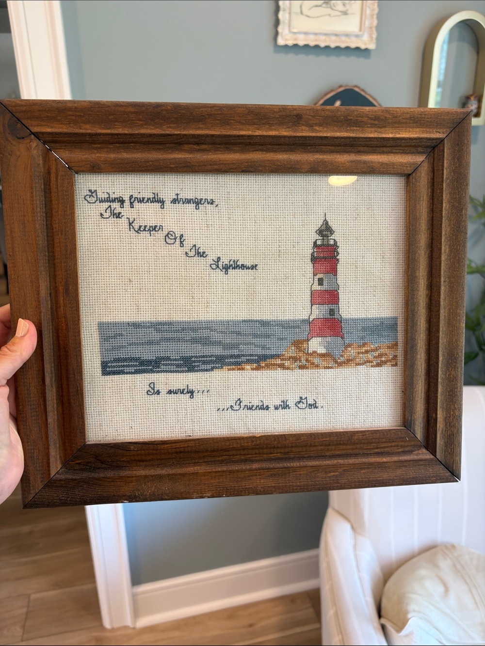 Vintage Framed Red & White Lighthouse Cross-Stitch Wall Art